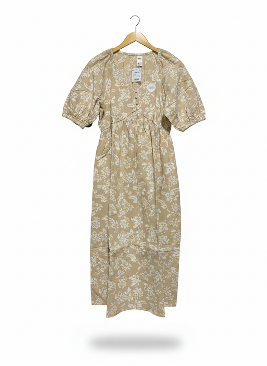 ANKO |L| BUST 18| C5| VINTAGE-INSPIRED FLORAL PUFF SLEEVE MAXI DRESS - EARTHY BEIGE & CREAM