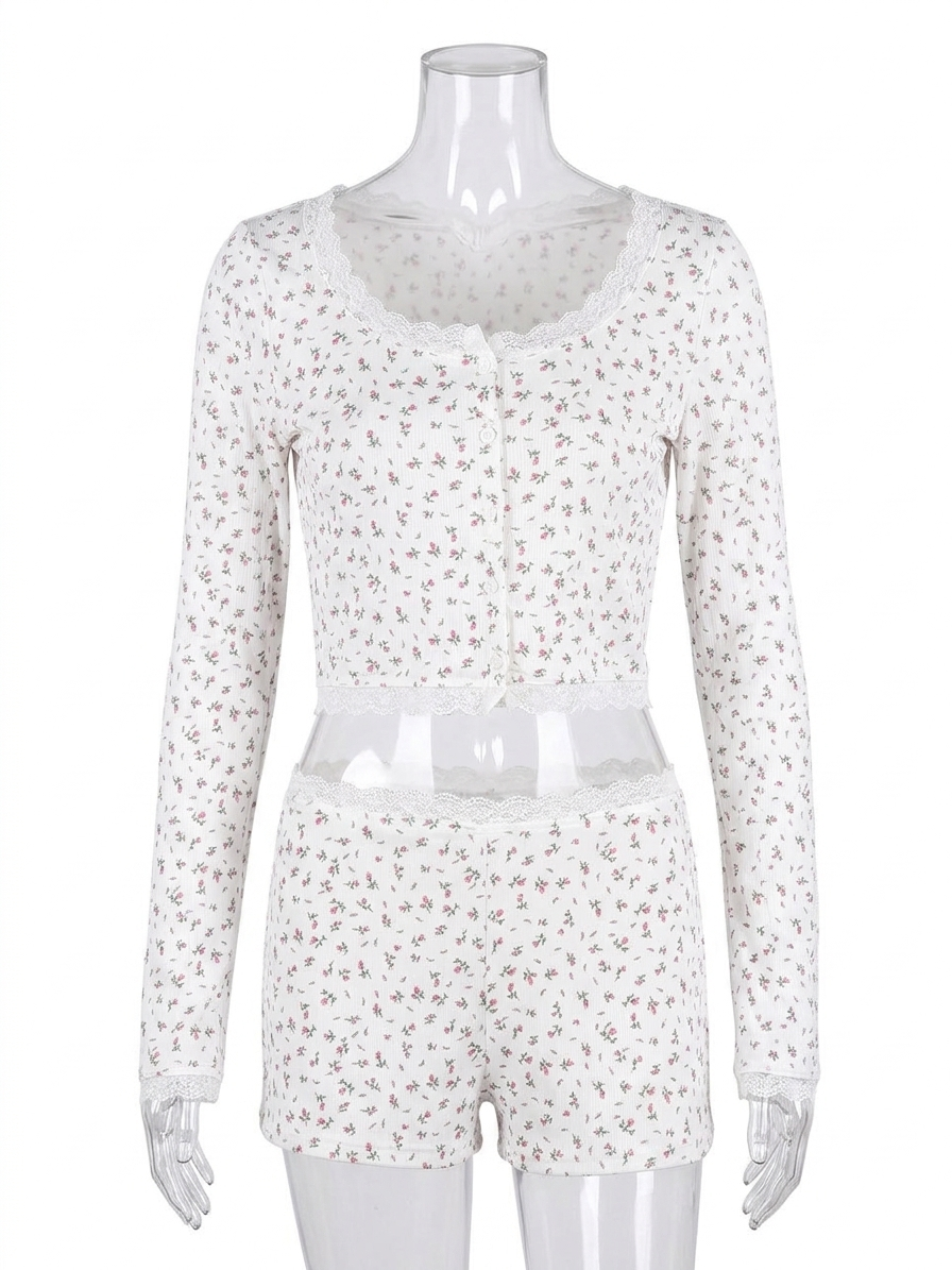 |S| B26|  VINTAGE FLORAL RIBBED LACE-TRIM LOUNGE SET