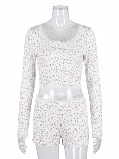 |S| B26|  VINTAGE FLORAL RIBBED LACE-TRIM LOUNGE SET