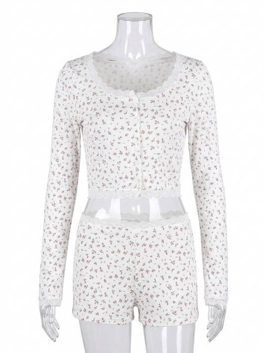 |S| B26|  VINTAGE FLORAL RIBBED LACE-TRIM LOUNGE SET