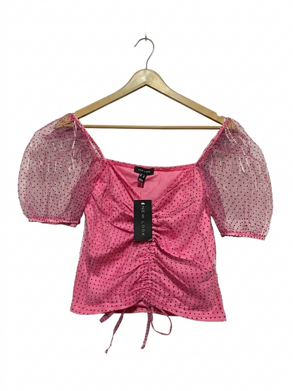 NEW LOOK |M| BUST 17| B21| PINK POLKA DOT PUFF SLEEVE CROP TOP