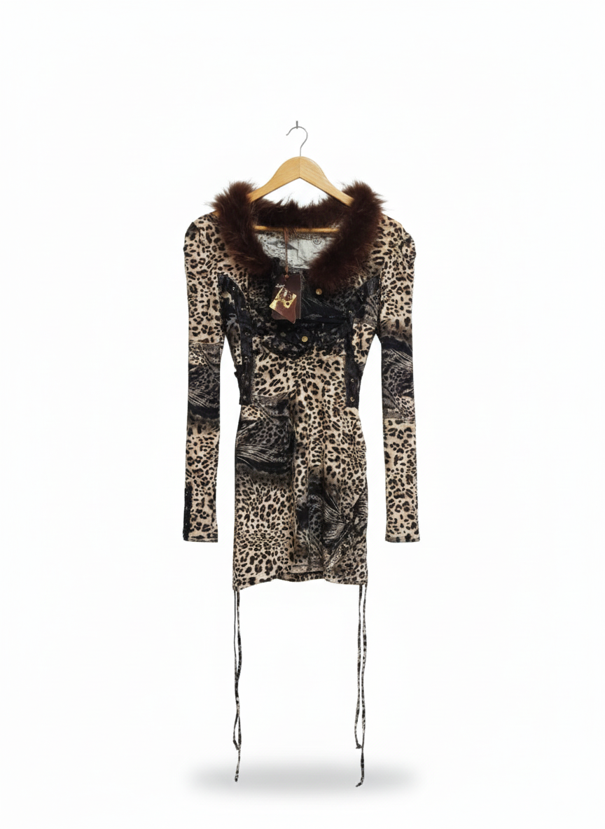 ALEXO|S|BUST 15|LEOPARD PRINT FAUX FUR TRIM MINI DRESS