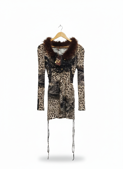 ALEXO|S|BUST 15|LEOPARD PRINT FAUX FUR TRIM MINI DRESS