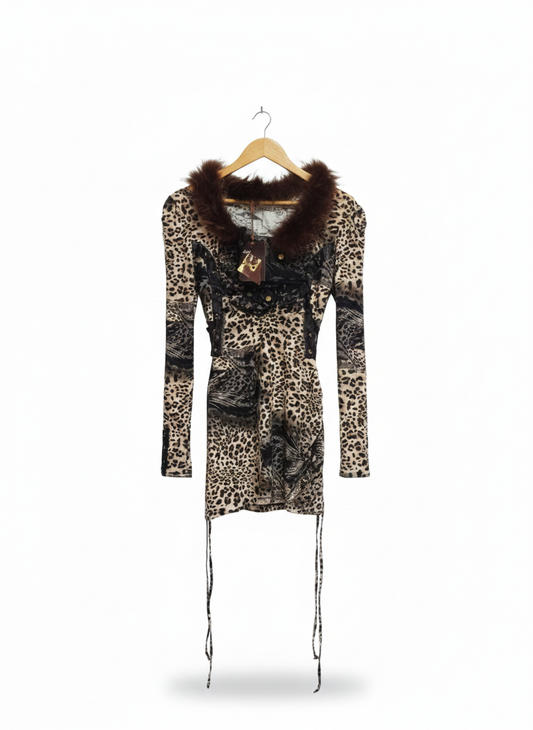 ALEXO|S|BUST 15|LEOPARD PRINT FAUX FUR TRIM MINI DRESS