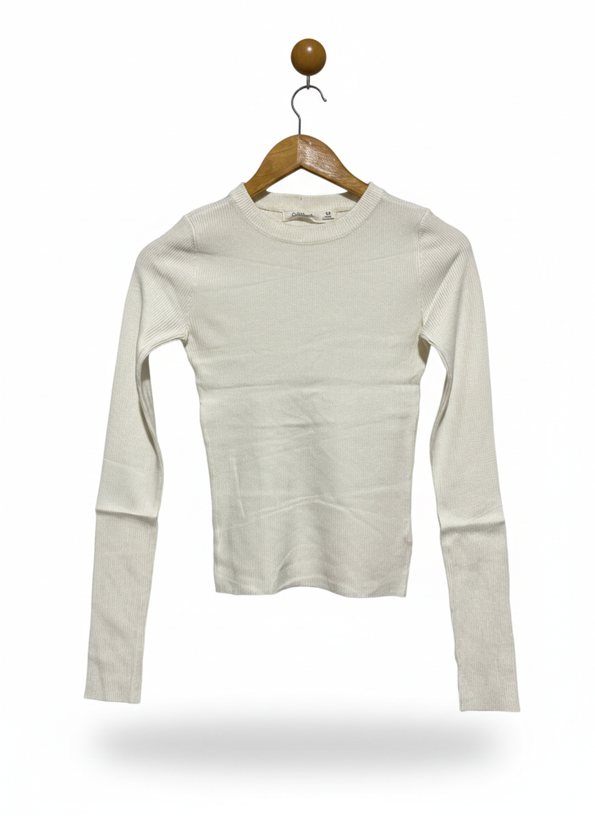 GLASSONS |S| BUST 13| Off-White/Oatmeal) Ribbed Long-Sleeve T-Shirt