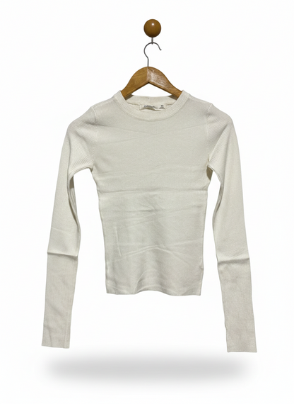 GLASSONS |S| BUST 13| Off-White/Oatmeal) Ribbed Long-Sleeve T-Shirt