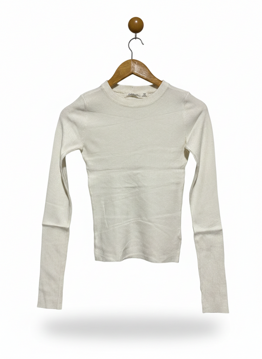 GLASSONS |S| BUST 13| Off-White/Oatmeal) Ribbed Long-Sleeve T-Shirt