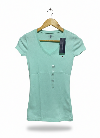 TOMMY HILFIGER |XS| BUST 13| AUTHENTIC MINT GREEN V-NECK TEE – SLIM FIT COTTON STRETCH TOP