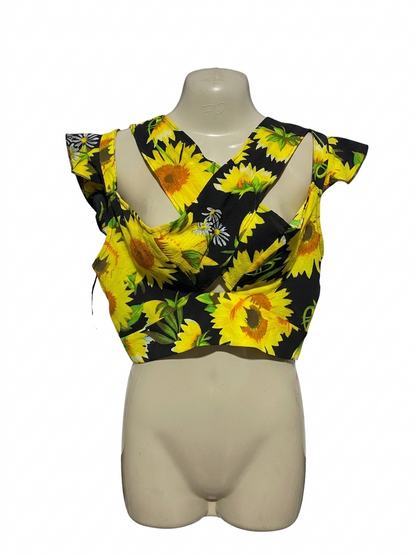 |S| BUST 19| B4| VIBRANT SUNFLOWER PRINT CRISS-CROSS HALTER CROP TOP