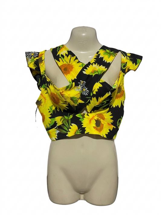 |S| BUST 19| B4| VIBRANT SUNFLOWER PRINT CRISS-CROSS HALTER CROP TOP