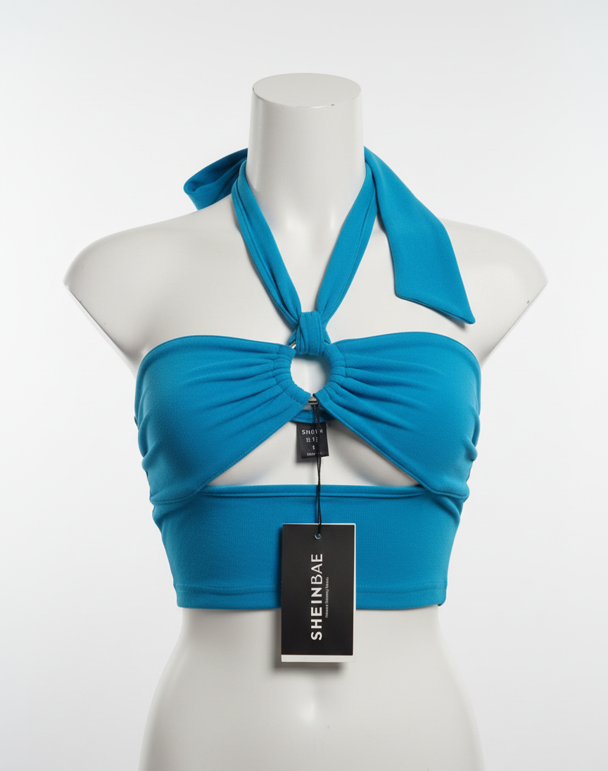 SHEIN BAE|S|12.5|Solid O-ring Detail Ruched Halter Top