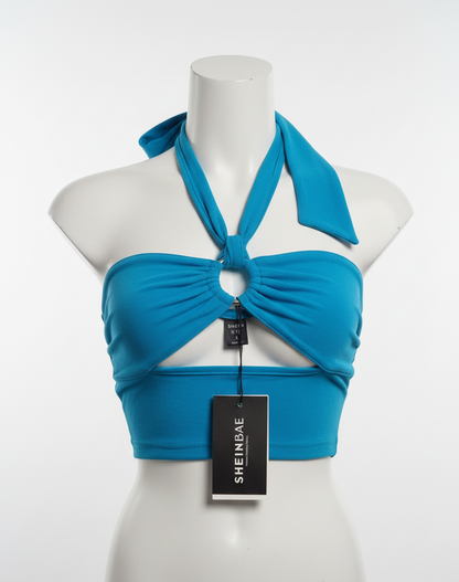 SHEIN BAE|S|12.5|Solid O-ring Detail Ruched Halter Top