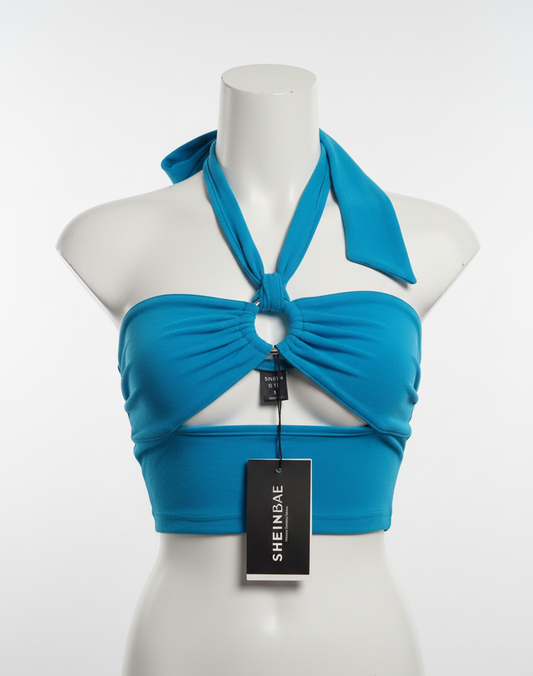 SHEIN BAE|S|12.5|Solid O-ring Detail Ruched Halter Top