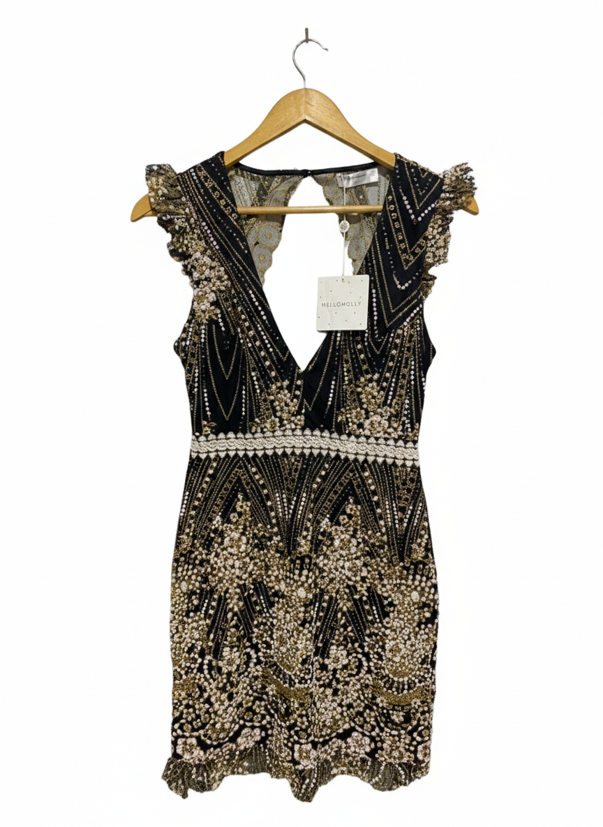HELLO MOLLY |S| BUST 15| LUXURY BLACK AND GOLD EMBELLISHED LACE MINI DRESS WITH RUFFLED SLEEVES