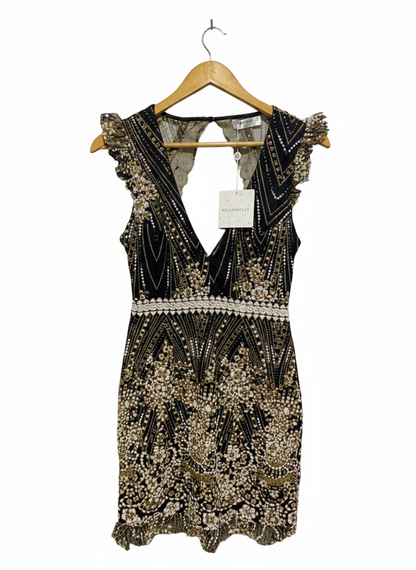 HELLO MOLLY |S| BUST 15| LUXURY BLACK AND GOLD EMBELLISHED LACE MINI DRESS WITH RUFFLED SLEEVES