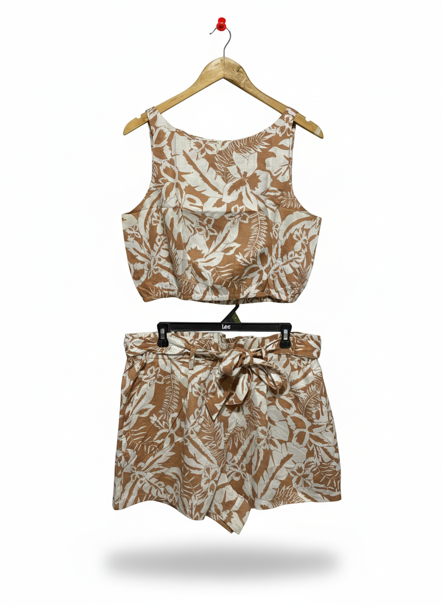 SEED |L| BOUTIQUE SKYLA FLORAL BUBBLE TWO-PIECE SET - BROWN/WHITE