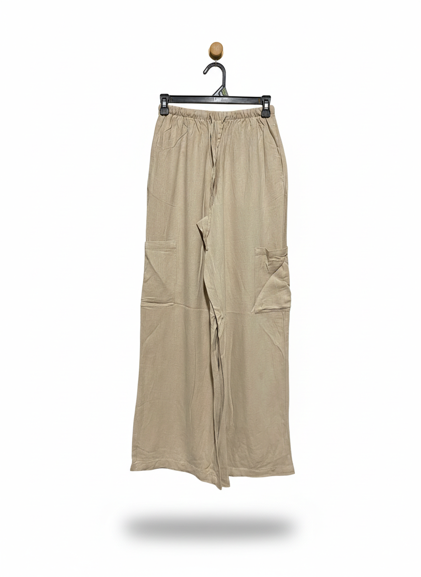 ANKO |M| WAIST 26| PREMIUM KHAKI WIDE-LEG CARGO PANTS – RELAXED FIT COTTON BLEND TROUSERS WITH ELASTIC WAIST