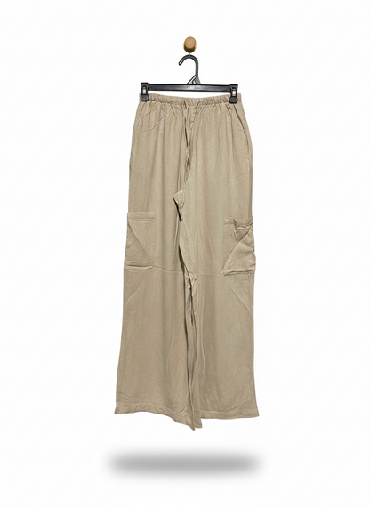 ANKO |M| WAIST 26| PREMIUM KHAKI WIDE-LEG CARGO PANTS – RELAXED FIT COTTON BLEND TROUSERS WITH ELASTIC WAIST