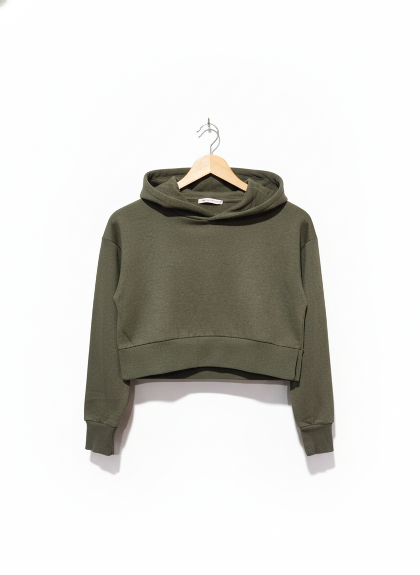 CANDY Drop Shoulder Crop Hoodie: Olive Green W-18.5 / L-14