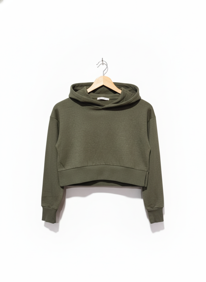 CANDY Drop Shoulder Crop Hoodie: Olive Green W-18.5 / L-14