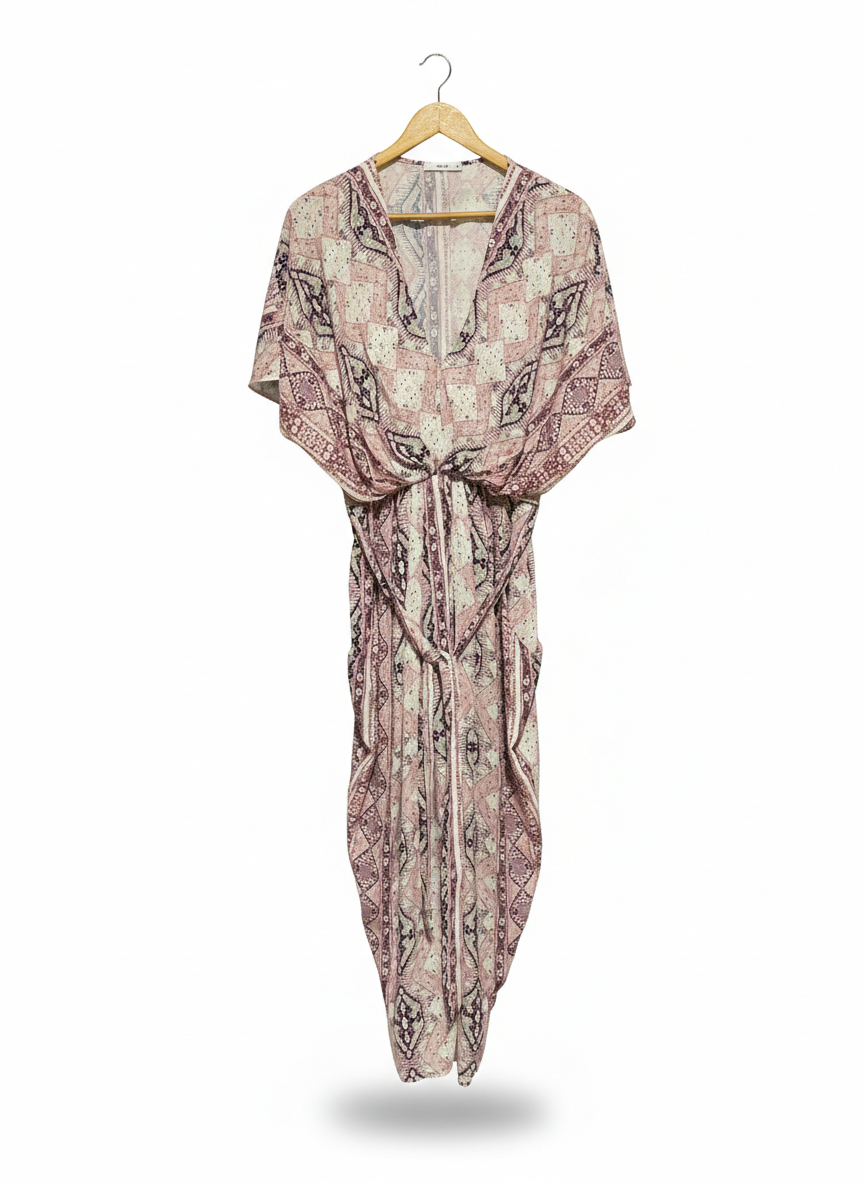 SHEIKE |L| BUST FREE | C3| WOMEN'S BOHEMIAN V-NECK MAXI DRESS – PINK AND PURPLE GEOMETRIC PRINT WITH TIE-WAIST DETAIL