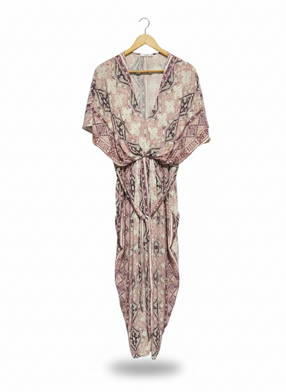 SHEIKE |L| BUST FREE | C3| WOMEN'S BOHEMIAN V-NECK MAXI DRESS – PINK AND PURPLE GEOMETRIC PRINT WITH TIE-WAIST DETAIL