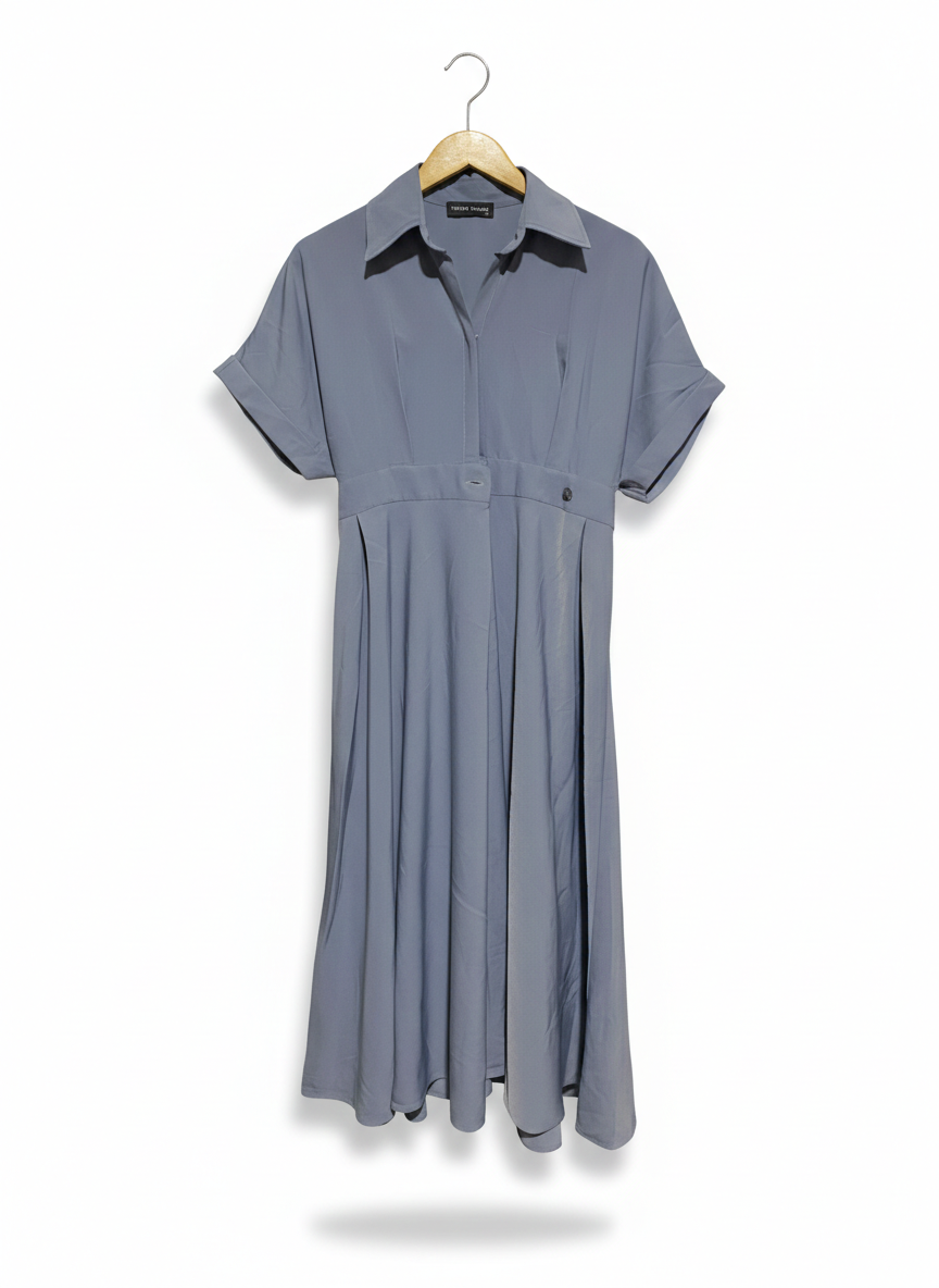 THEORY TAYLOR |S| BUST FREE|B12| DUSTY BLUE SHIRRED WAIST MIDI SHIRT DRESS
