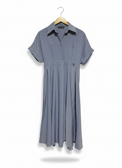 THEORY TAYLOR |S| BUST FREE|B12| DUSTY BLUE SHIRRED WAIST MIDI SHIRT DRESS
