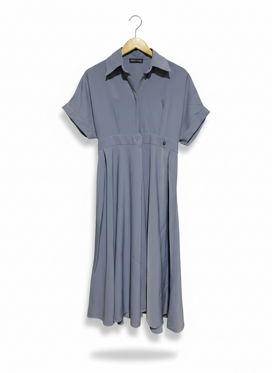 THEORY TAYLOR |S| BUST FREE|B12| DUSTY BLUE SHIRRED WAIST MIDI SHIRT DRESS
