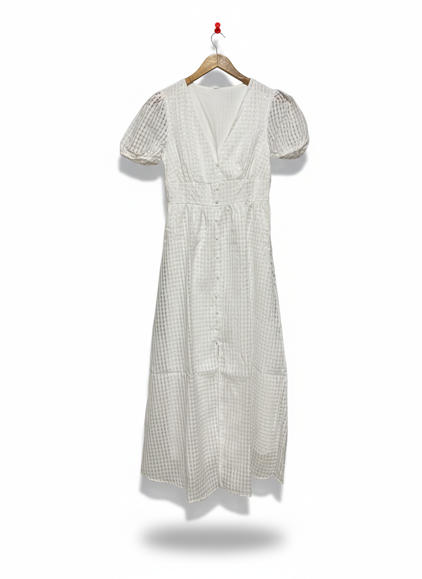 SHEIN |S| BUST 16| C3| CHIC WHITE GINGHAM PUFF-SLEEVE MIDI DRESS