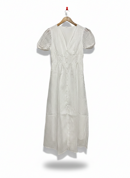 SHEIN |S| BUST 16| C3| CHIC WHITE GINGHAM PUFF-SLEEVE MIDI DRESS
