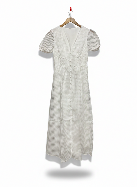 SHEIN |S| BUST 16| C3| CHIC WHITE GINGHAM PUFF-SLEEVE MIDI DRESS