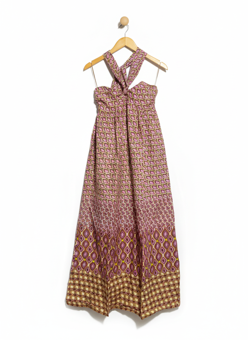 ZARA |S| BUST 14| C3|  ROSE QUARTZ GEOMETRIC HALTER MAXI DRESS