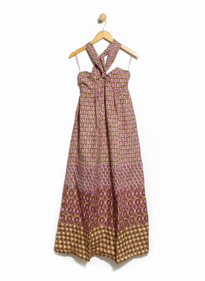 ZARA |S| BUST 14| C3|  ROSE QUARTZ GEOMETRIC HALTER MAXI DRESS