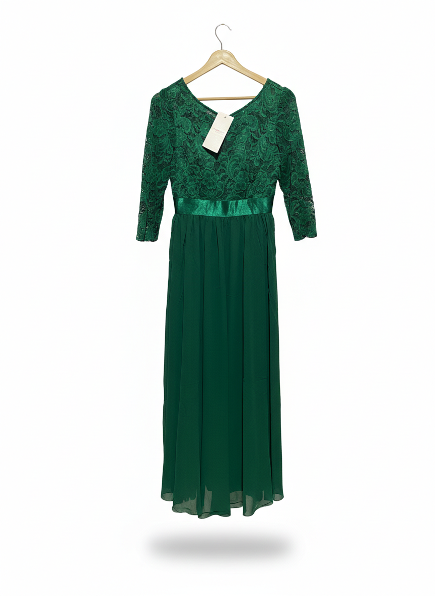 EVER PRETTY |M| BUST 16| C3|  WOMEN'S EMERALD GREEN LACE MAXI GOWN – ELEGANT THREE-QUARTER SLEEVE FORMAL DRESS WITH SATIN WAISTBAND