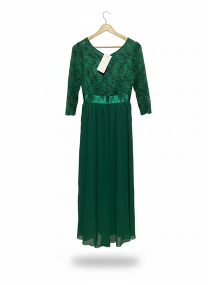 EVER PRETTY |M| BUST 16| C3|  WOMEN'S EMERALD GREEN LACE MAXI GOWN – ELEGANT THREE-QUARTER SLEEVE FORMAL DRESS WITH SATIN WAISTBAND