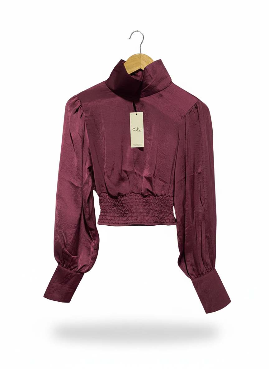 ALLY |S| BUST 15| BURGUNDY SATIN HIGH-NECK CROP BLOUSE