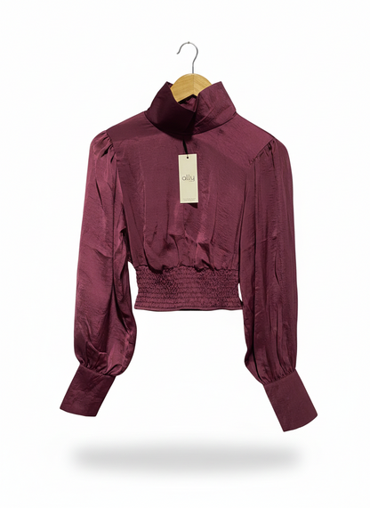 ALLY |S| BUST 15| BURGUNDY SATIN HIGH-NECK CROP BLOUSE