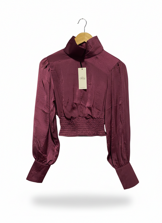 ALLY |S| BUST 15| BURGUNDY SATIN HIGH-NECK CROP BLOUSE