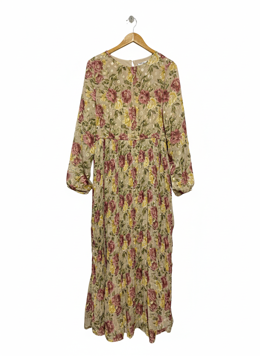 DREAM HOUSE |XL| BUST 19|C4|WOMEN'S VINTAGE FLORAL MAXI DRESS IN OLIVE