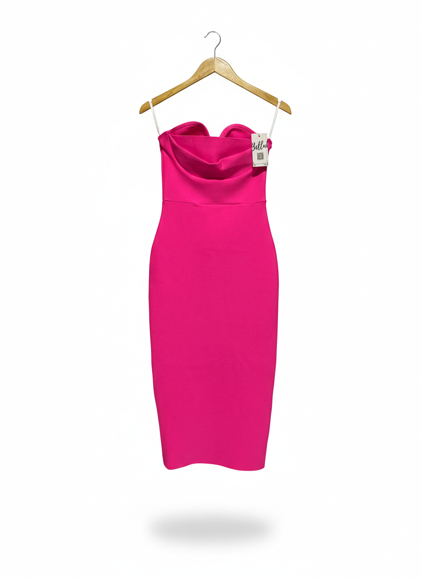 BELLA BARNETT |S| BUST 13| VIBRANT HOT PINK STRAPLESS MIDI DRESS