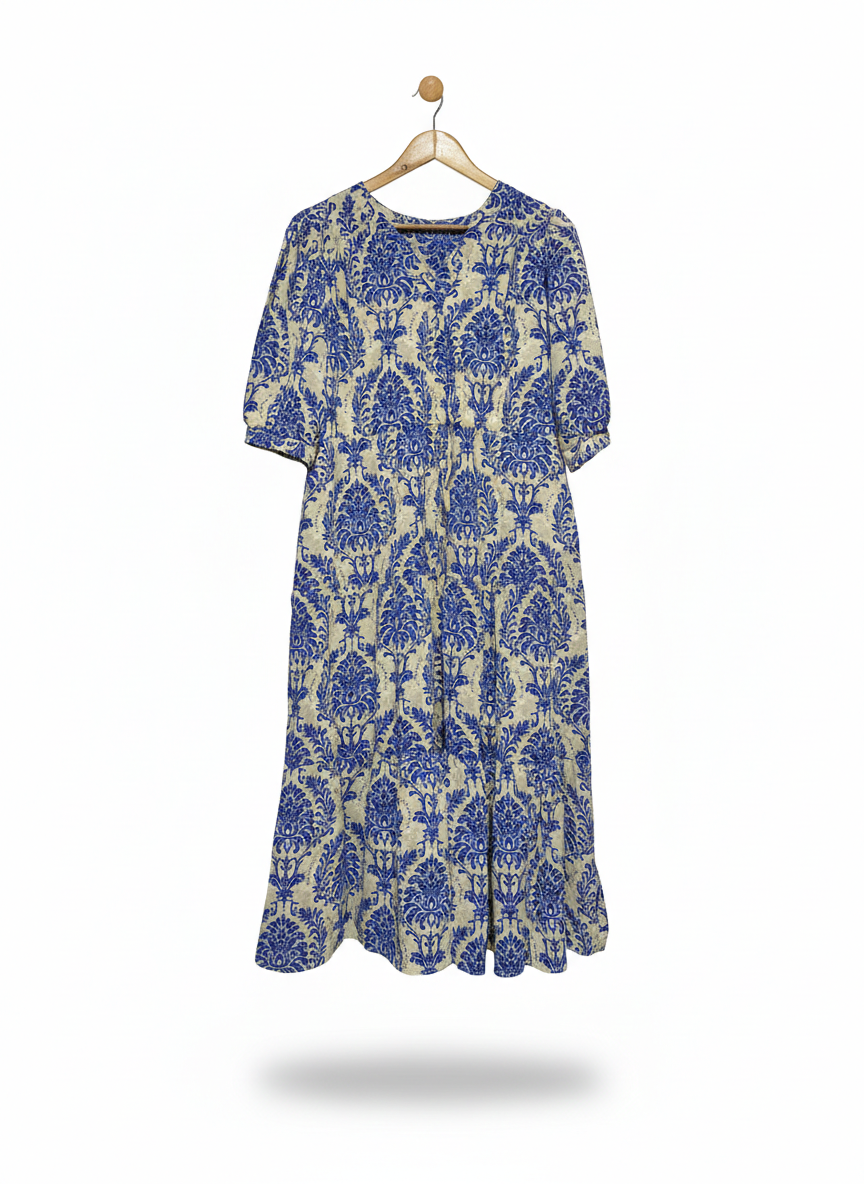 VINTAGE-INSPIRED BLUE DAMASK PRINT MAXI DRESS |L| BUST 20|