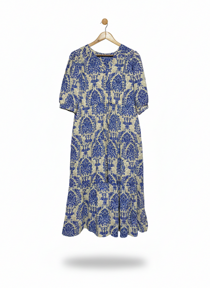 VINTAGE-INSPIRED BLUE DAMASK PRINT MAXI DRESS |L| BUST 20|