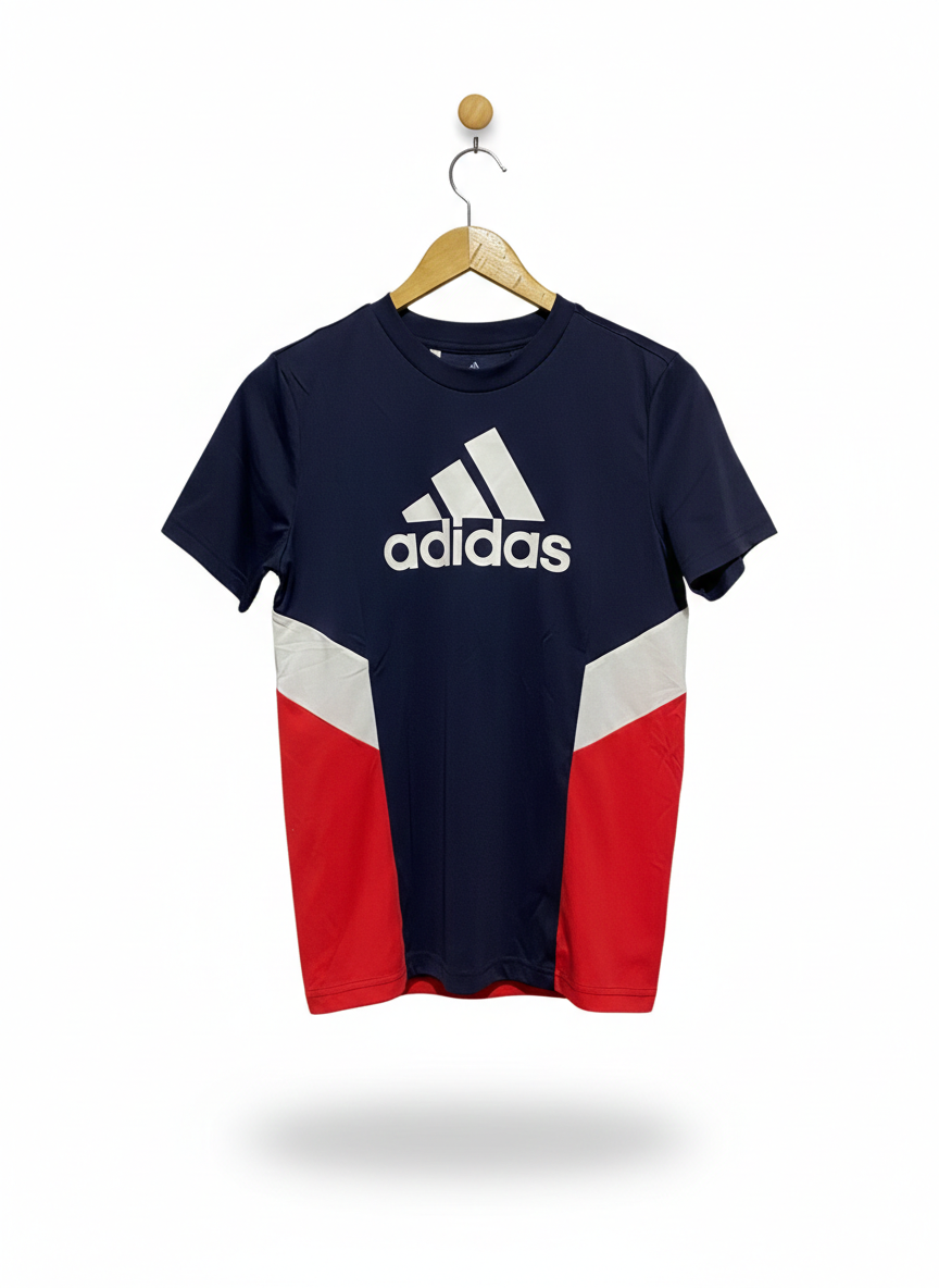ADIDAS |L| BUST 17| PERFORMANCE TRAINING TEE – NAVY, RED, AND WHITE COLORBLOCK SHORT SLEEVE TOP