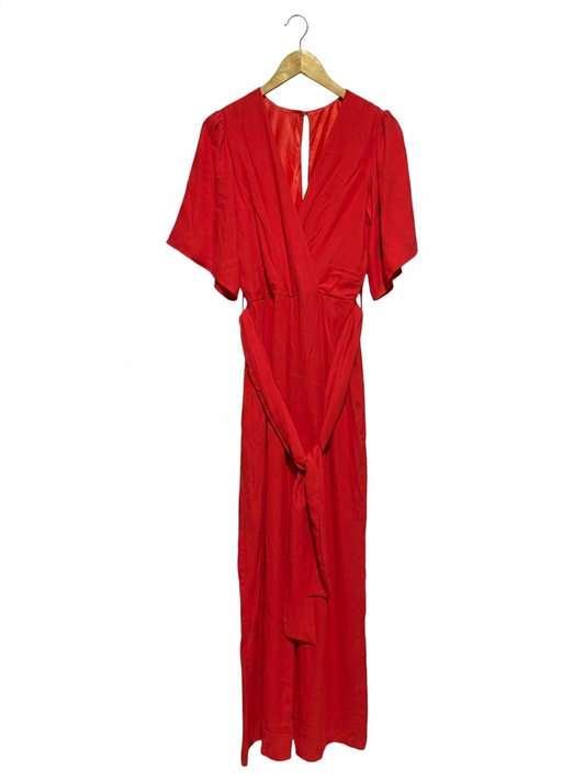 |M| BUST 17| B10| WOMEN’S ELEGANT VIBRANT RED V-NECK MAXI DRESS WITH WAIST TIE