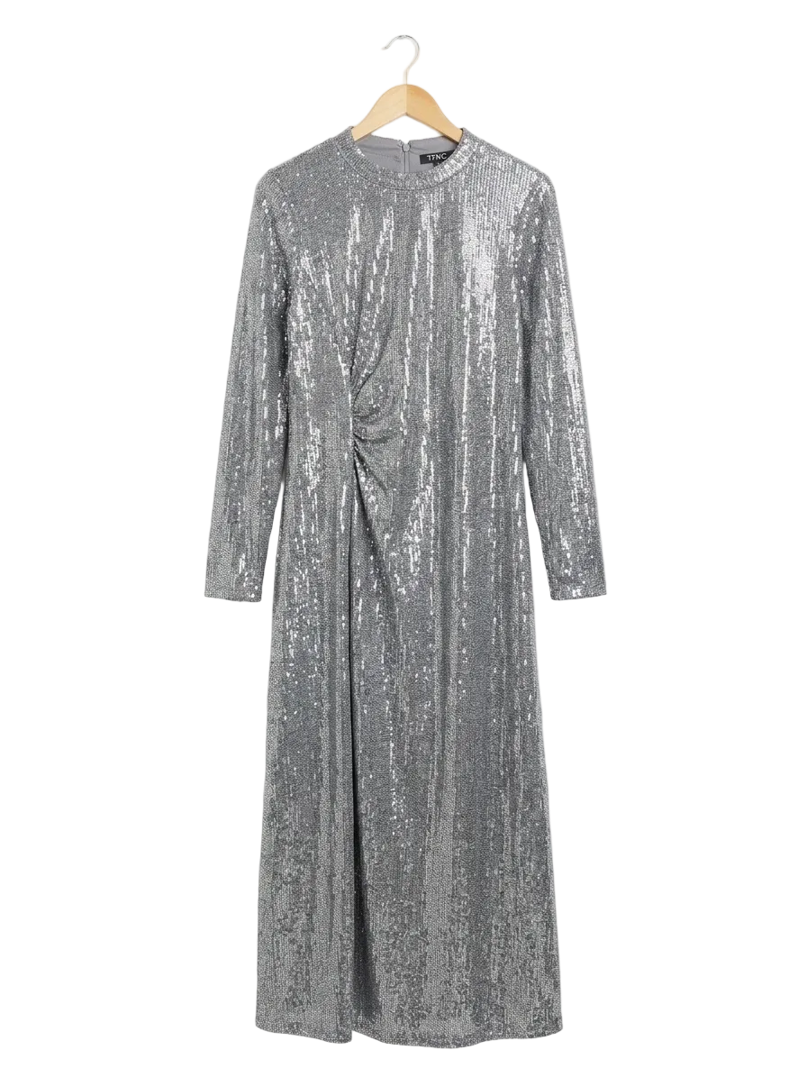 M&S |L| BUST 22| B13| SILVER SEQUIN LONG SLEEVE MAXI DRESS