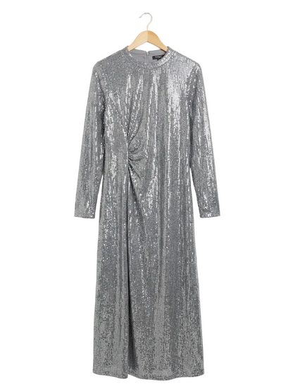 M&S |L| BUST 22| B13| SILVER SEQUIN LONG SLEEVE MAXI DRESS