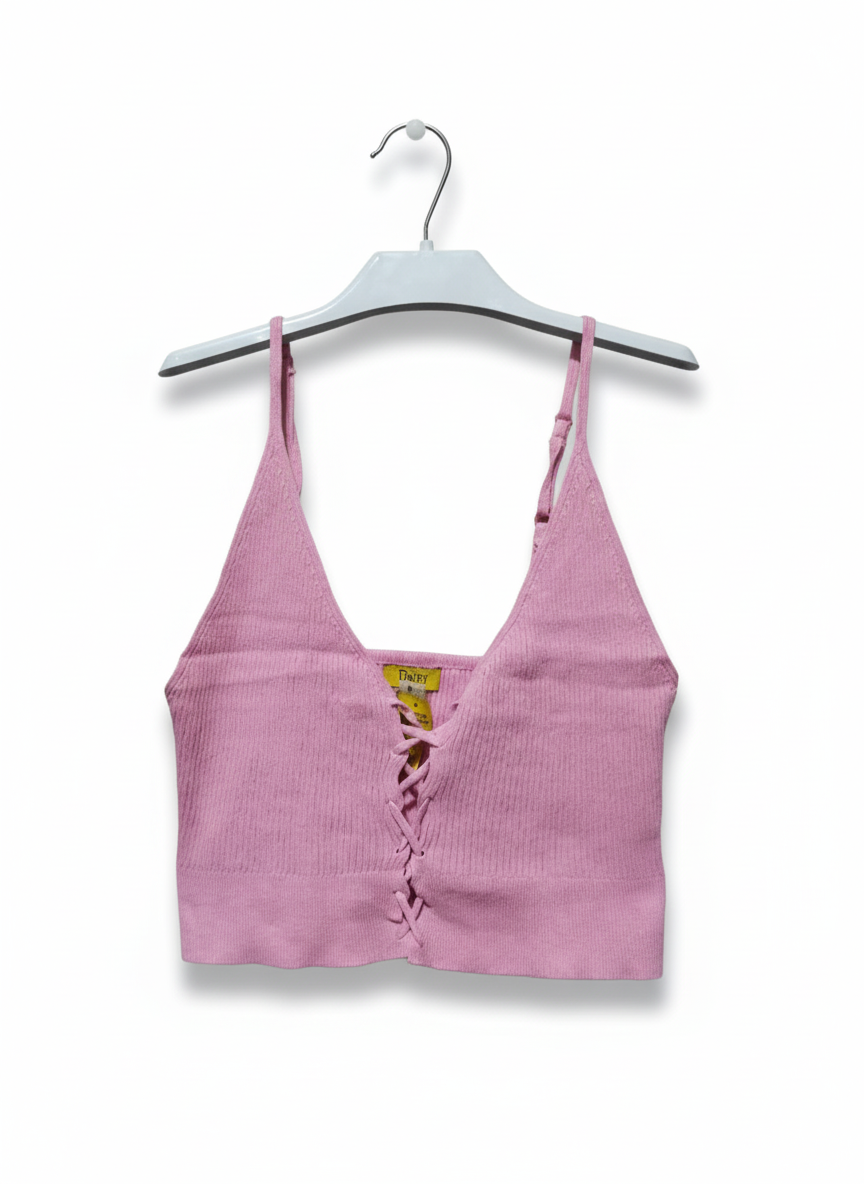 Daisy Pink Ribbed Lace-Up Crop Top