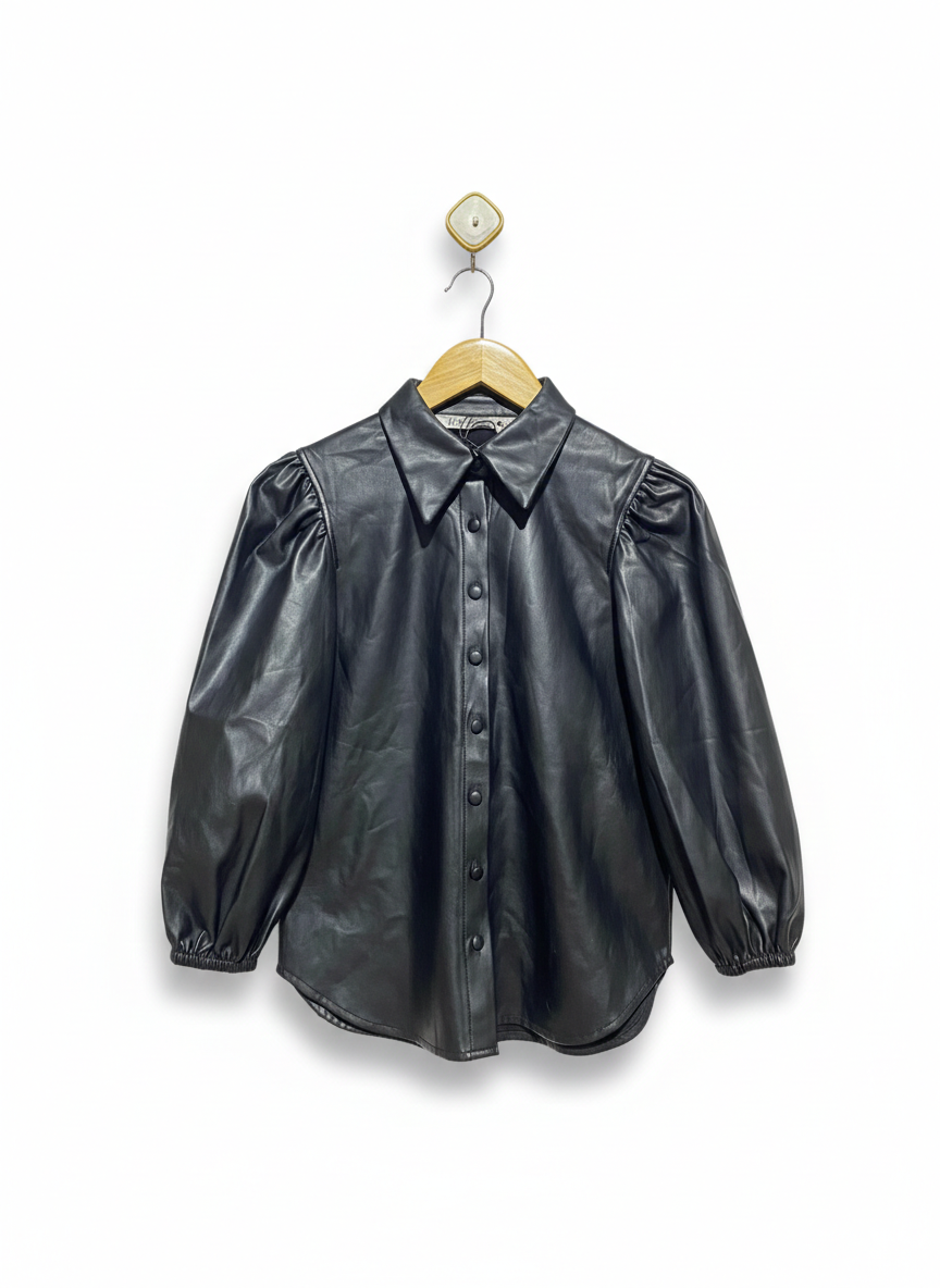 ZARA |XS| BUST 19| EDGY BLACK FAUX LEATHER PUFF SLEEVE BUTTON-UP BLOUSE