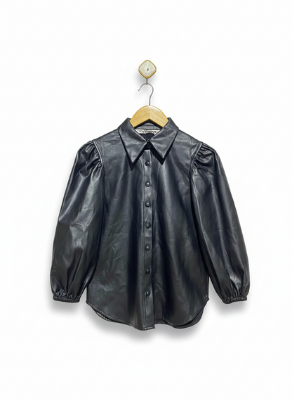 ZARA |XS| BUST 19| EDGY BLACK FAUX LEATHER PUFF SLEEVE BUTTON-UP BLOUSE